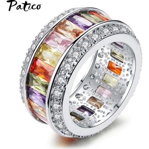 New Korean Trendy Women 925 Sterling Silver Multicolor Rainbow AAA Zircon Elegant Rings Wedding Engagement Ring Jewelry