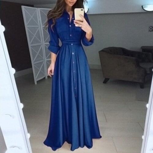 Solid Button High Waist Women A Line Dresses 2020 Summer LongSleeve Turn Down Collar Floor Length Elegant Sashes Lady Maxi Dress