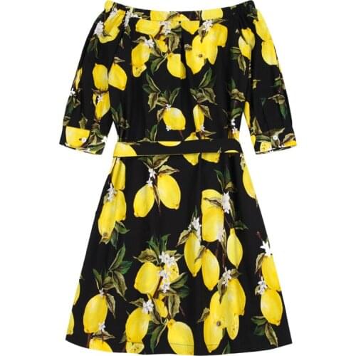 Ladies 2017 Spring Sexy Off Shoulder Fresh Lemons Flowers Printed Dress High Waist Three Quarters Sleeves Design Womens Dresses