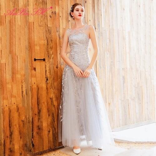 AXJFU princess grey lace Brilliant o neck Bride beading Toast dinner party illusion sleeveless a line evening Dress 1176