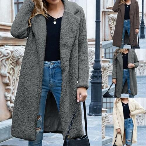Winter Women Faux Fleece Long Sleeve Warm Coat Cardigan Knee-length Overcoat