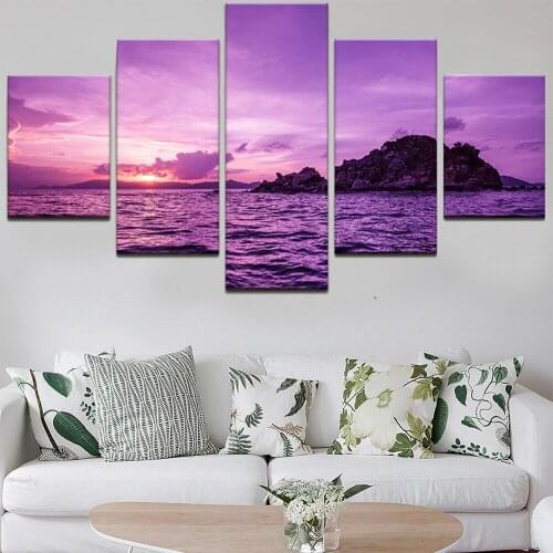 5 Pieces Wall Art Canvas Painting Purple Seascape Poster Red Sunset Home Decoration Modular Pictures Modern Living Room