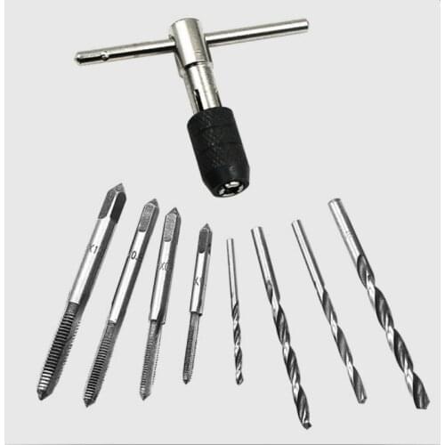 9Pcs T-type Machine Hand Screw Tap Wrench Die Set Diy Tool Straight Fluted Thread Metric Plug Drill Taps Reamer Reamertwist Bits