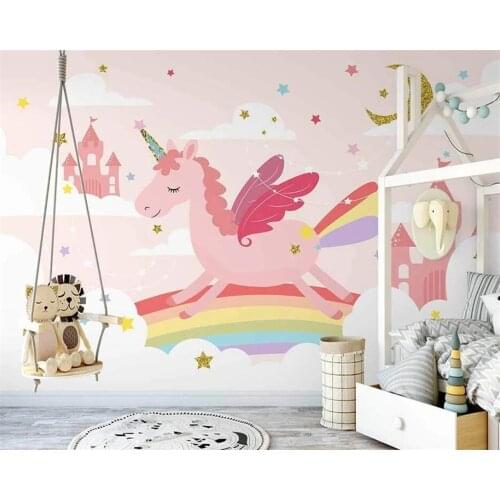 Beibehang Custom Nordic hand painted pink unicorn rainbow starry childrens room background papel de parede 3d wallpaper