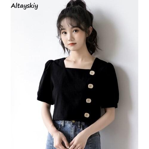 Women Blouses Solid Simple Trendy Short Puff Sleeve Leisure Square Collar Lady Summer Korean Style All-match Streetwear Cropped