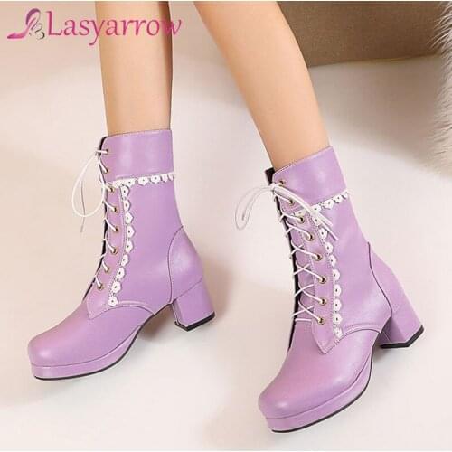 Lasyarrow Platform Chelsea Boots Woman High Heel Mid Calf Boots Block Heel Shoes Round Toe Female Boots Autumn Winter Brown