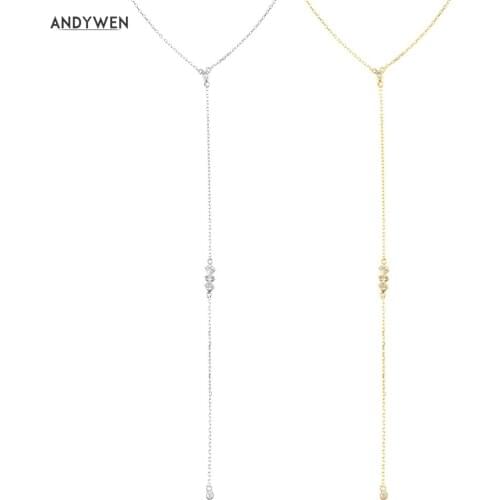 ANDYWEN 925 Sterling Silver Gold Mid long necklace PIRAMIDE Crystal Gold Long 15cm Chain Pendent Choker Luxury Wedding Jewelry