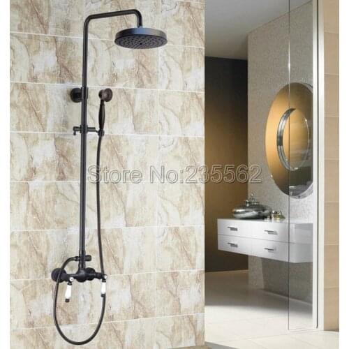 Black Oil Rubbed Bronze Bathroom Rain Shower Faucet Set Dual Ceramic Handle Mixer Tap Wall Mounted with Handheld Shower lrs476