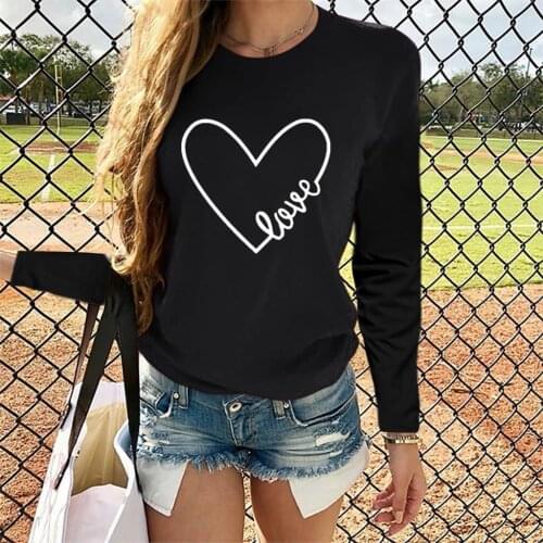 Letter Print Heart-shaped T-Shirts Women Casual Long Sleeve O Neck Tops Female Leisure Camisetas Mujer Ladies Clothing tshirts