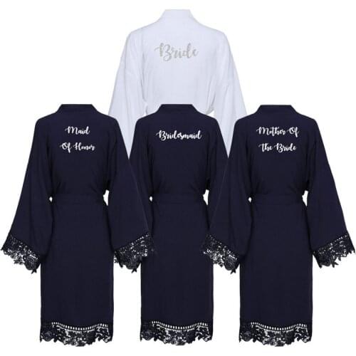 Navy Solid Cotton Kimono Robes with Lace Robe Trim Women Wedding Bridal Robes Bathrobe Sleepwear White Print Bride