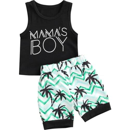 Boys Summer Casual Two-piece Clothes Sets Black Round Collar Sleeveless Letter Vest Tops and Elastic Waist Shorts