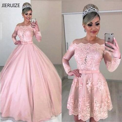 JIERUIZE New 2 in 1 Lace Wedding Dress Off Shoulder Appliques With Bow Sash Pink Detachable Bridal Gowns Vestidos De Novia