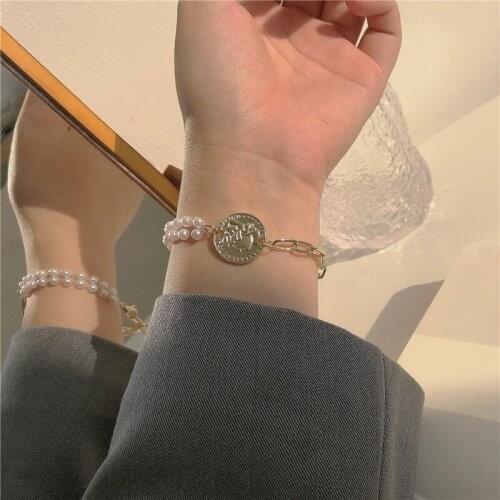 Coin Charm Double Pearls Chain Bracelet for Women Gold Silver Color 2021 Fashion Jewelry Hand Chain Female Bracelets Simple New