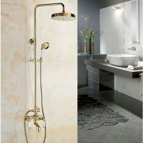 Golden Brass Shower Faucet Set 7.7 Inch Shower Head Hand Shower Sprayer W/ Hand Shower Wall Mounted Mixer Tap zgf435