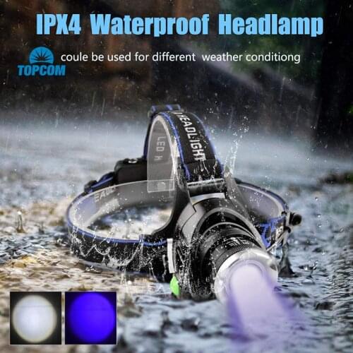 TOPCOM Powerful 4-Mode 5W LED Headlamp USB Rechargeable Zoom Headlight 395nm UV & White Head Torch For Camping Scorpion Detector