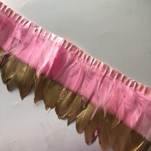 Asia Ra 4M Pink Goose Feathers Trim With Gold Spray Tips 15-20CM 6-8" Height Natural Duck Feather Ribbons For Clothes Sewing Boa