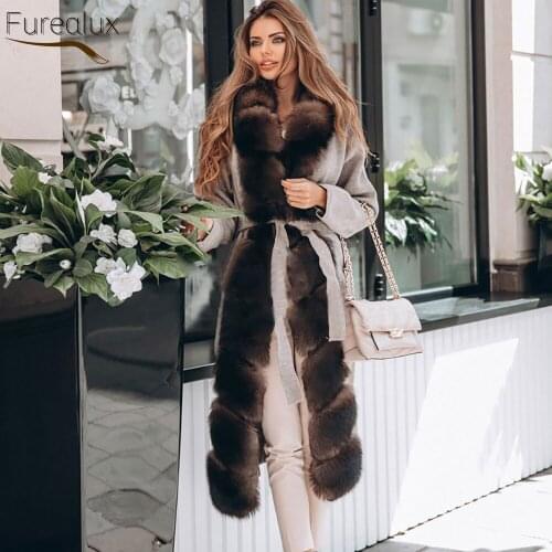 FUREALUX Real Woolen Coat For Fashion Womens Autumn Winter Thickening Warmth Long Trend Coat With Natural Fox Fur Collar