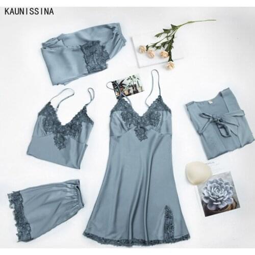 Womens 5 Pieces Pajamas Sets Imitation Silk Robe and Pyjama Sleepwear Lingerie Set Spring Summer Autumn Homewear Sexy Nightwear