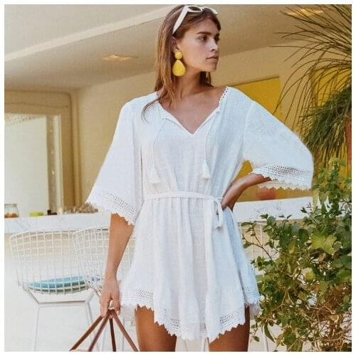 Beach dress Bikini Cover Up Sexy V-neck Cotton Beach Cover Up Kaftans Swimsuit Sarong beach blouse Tunic Bathing Suit Beachwear