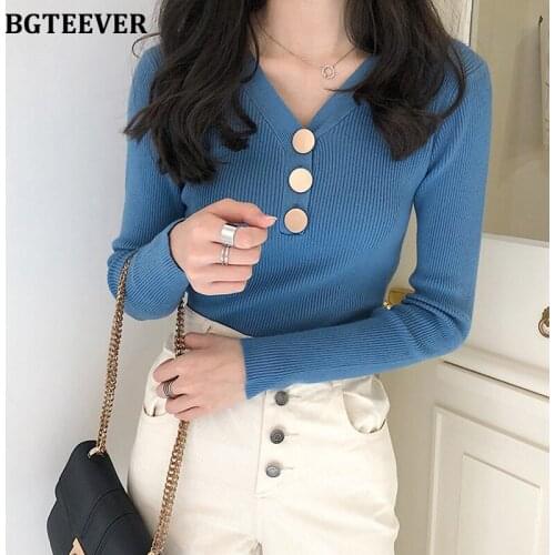 BGTEEVER Casual V-neck Buttons Sweaters Women Knitted Pullovers Long-sleeved Slim Knitted Jumpers Female Tops 2020 Spring