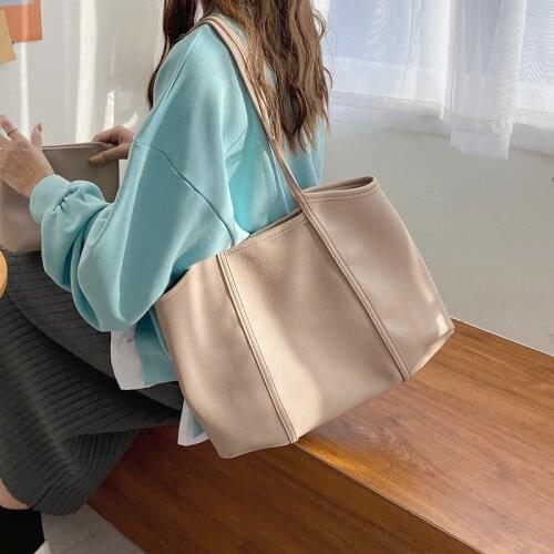 Simple Solid Color Women Handbags Large Capacity Shoulder Casual Tote Bag PU Soft Leather Shopping Hand Bags For Ladies