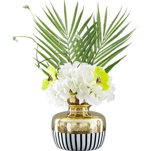 Simple Modern Black And White Stripes Plus Golden Ceramic Creative Vase Nordic Home Flower Decoration