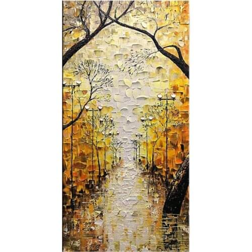 Hand Painted Tree Vertical Wall Art Abstract Canvas Paintings Landscape Art Yellow Street Artwork for Home Wall Decor Pictures