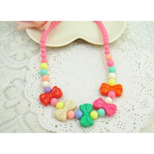 Cartoon Bow Colorful Beads Chain Sweater Necklace Cute Handmade Girls Kids Children Jewelry for Party Birthday Gifts Chokers