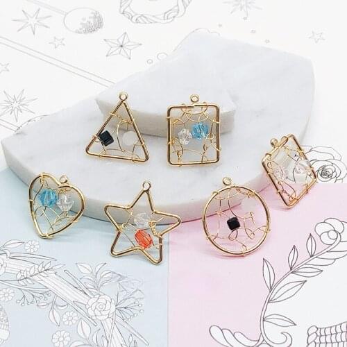 Copper plated real gold geometric mesh zircon round heart-shaped five-pointed star DIY earrings pendant accessories