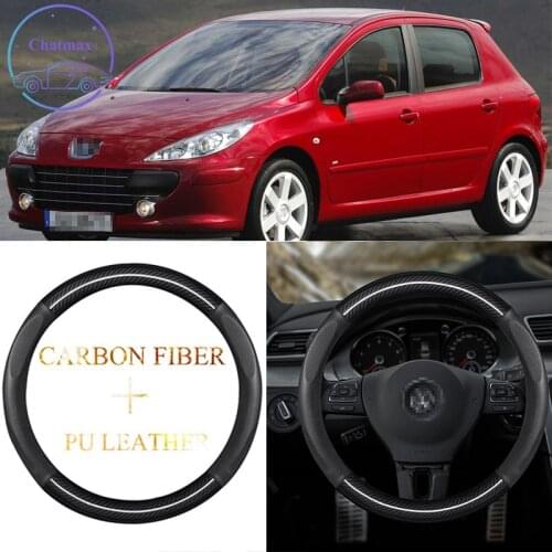 Carbon Fiber&PU Leather Steering Wheel Cover Universal For Peugeot 108 208 207 301 308 408 Rifter RCZ 37-38cm Sport Car Styling