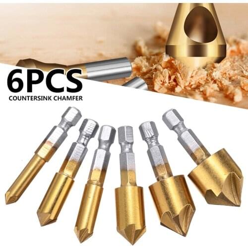 6pcs Countersink Chamfer Drill Bits HSS Wood Chamfering Cutter Hole Drilling Opener 5 Flutes 1/4" Hex Shank 6-19MM