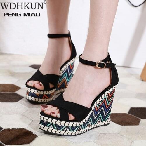 12cm High Heels Platform Wedges Shoes Black High Heels with Cross Straps Ladies Platform Shoes Gladiator Sandals Chunky Heels