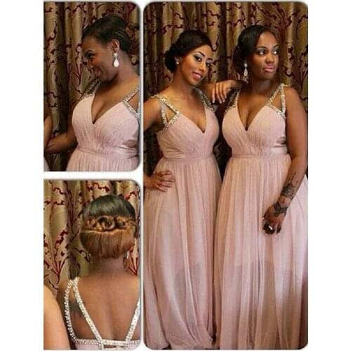 In Stock Chiffon Bridesmaid Dresses Sexy Beads V Neck Sleeveless Backless Floor-Length Bridesmaid Dress for Wedding Party
