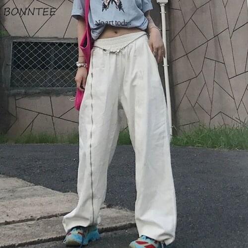 Pants Women Oversize Korean Style Wide Leg Full Length Trousers Elastic Waist Preppy Popular All-match High Street Baggy Chic