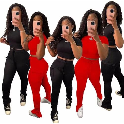Women Tracksuit Sexy Black Red Bodycon Two Piece Matching Set Stretchy Casual Short Sleeve Crop Top Sporty Stacked Bell Leggings