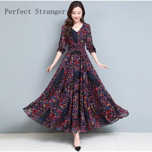 2021 Spring Summer New Arrival Bohemian Style V Collar Flower Printed Long Sleeve Women Chiffon Long Dress M-3XL