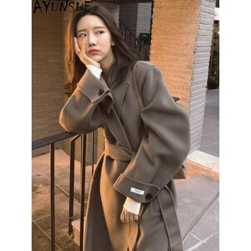 AYUNSUE High Quality Long Coat Women Autumn Winter Korean Style 100% Wool Coats and Jackets Woman Parkas with Belt Femme Veste