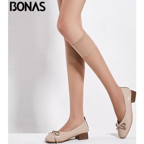 BONAS 4pairs/lot Women Stockings 20D Lower Leg Knee Female Transparent Stocking Thin Long Solid Women Girls Stocking Polyestey