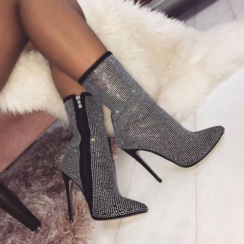 Women Fashion High Heel Ankle Boots Female Rhinestone Zipper Pointed Toe Boots Sexy Luxury Design Shoes Autumn Winter 2021 Botas