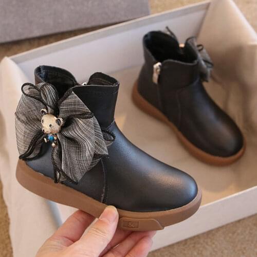 Girls Boots Fashion Winter Warm Cartoon Bowtie Pu Leather Plush Princess Boot Girls Snow Bootie Waterproof Footwear Shoes Girl