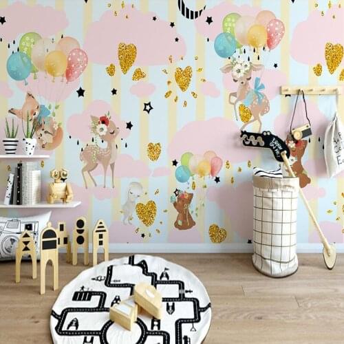 Decorative wallpaper Nordic simple cartoon animal sky cloud balloon children house background wall