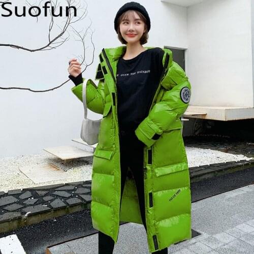 Long Epaulet Letter Green Glossy Pocket Street Style Thick With Loose Hooded Jacket 2021 Fashion Winter Warm Women Parka Coats