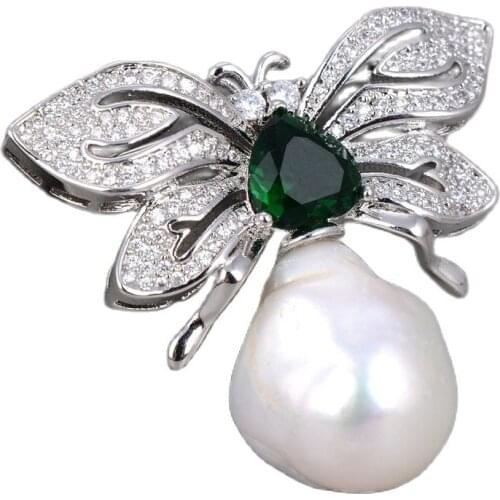 GG Jewelry Butterfly Natuaral White Keshi Baroque Pearl Green Crystal CZ Brooch Pin For Women