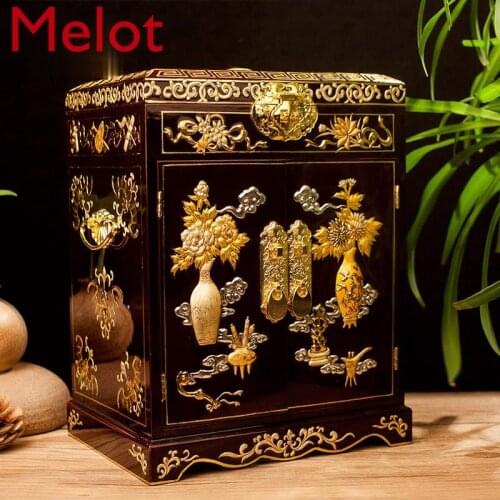 High-End Luxury Chinese Style Push Light Lacquerware Jewelry Box Dressing Gift Storage Box Lacquerware Cabinet Handmade