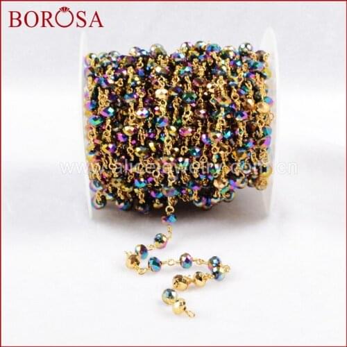 BOROSA Gold Color Or Silver Color Titanium Rainbow Color Glass Beads Chains JT085