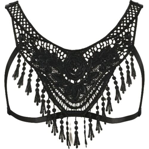 JLX.HARNESS Lace Tassel Sexy Lingerie Edgy Cage Bra Goth Clothes Harness Woman Black Lace Bra Punk Bondage Suspender Body Belt