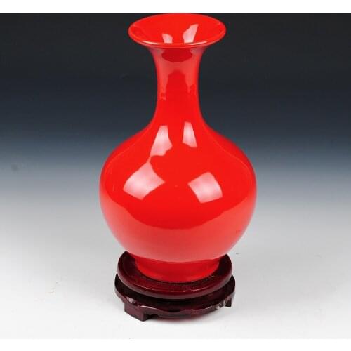 Chinese Antique Red Crystal Glaze Flower Vase Home Decoration Ceramic Art Wedding Decoration with wood base