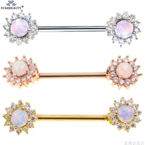 Starbeauty 2pcs 14G 16mm Opal Nipple Piercing Bar Nipple Rings Ear Piercing Tongue Rings Surgical Steel Earrings Nipple Jewelry