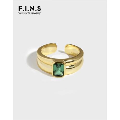 F.I.N.S Korean Minimalist S925 Sterling Silver Ring Smooth Layered Square Green Zircon Open Finger Cuff Rings Fine Jewelry Gifts