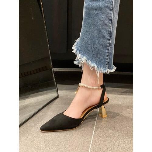 One Word Buckle Exquisite Pearl Chain Fashion Pointed Stiletto High Heel Ladies Sandals Summer Temperament Single Shoes